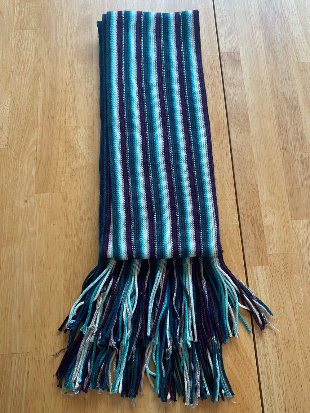 Coldwater Creek Striped Knit Fringe Scarf in Teal, Purple, White
